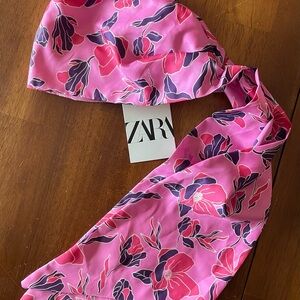 NWT Zara Floral pink and purple printed head scarf